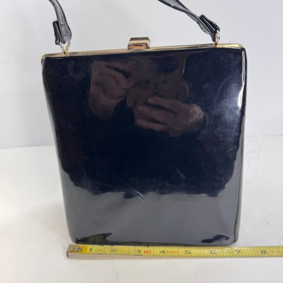 Vintage 1960's Triangle Shape Black Patent Leather Top Closure Handle Purse - Picture 5 of 9